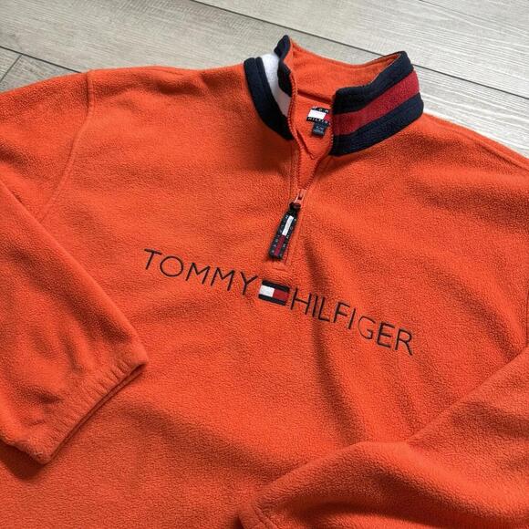 Vintage Tommy Hilfiger Orange Polar Fleece Quarter Zip XL Logo Embroidered Y2K - Picture 2 of 10